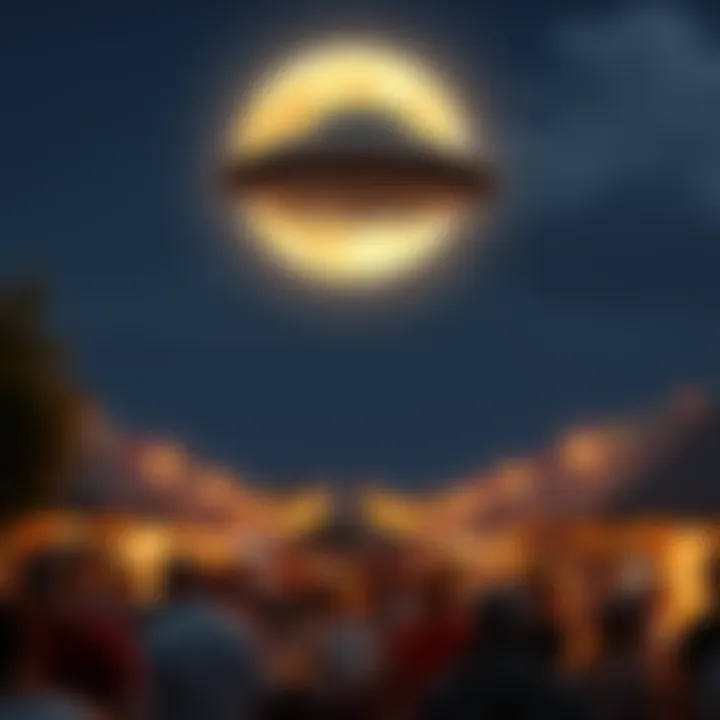 UFO Over the Moon at Wine Festival A captured photo showing a UFO hovering above the moon during a wine festival, with people enjoying the event in the foreground.