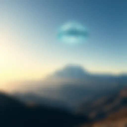 UFO over mountains A spherical unidentified flying object in the sky above a mountainous area with clear skies.