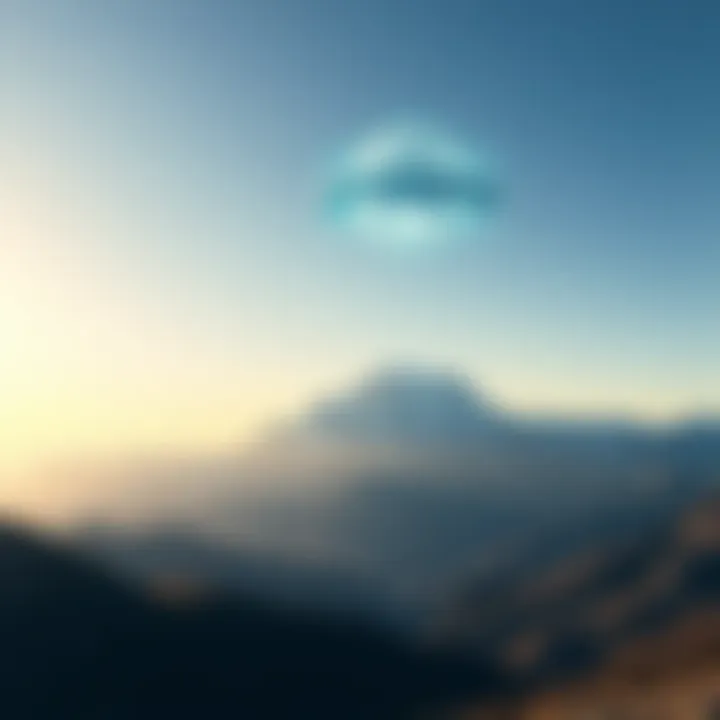 UFO over mountains A spherical unidentified flying object in the sky above a mountainous area with clear skies.