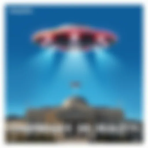 A pyramid-shaped UFO is seen in the sky above the Pentagon, with a clear blue background.