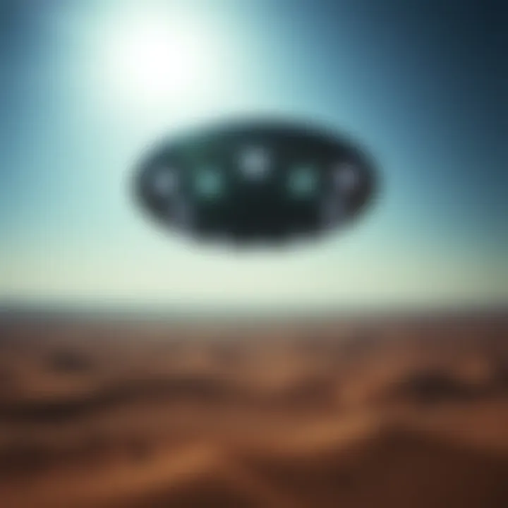 An 8-pointed star-shaped UFO in the sky, captured in a government video, showcasing unusual flying patterns over a desert landscape in the Middle East.