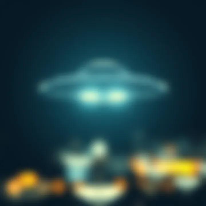 A clear image of a UFO hovering in a dark sky, illuminating the area below, contrasting with blurry lights in the background.