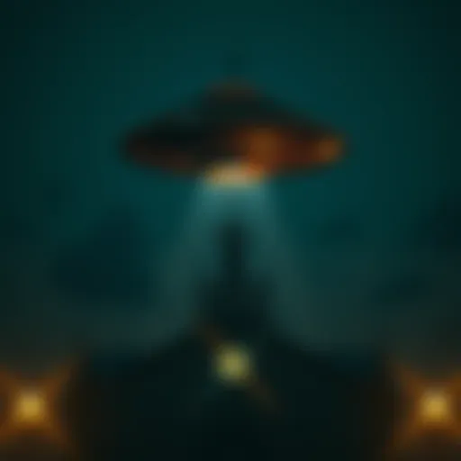 A UFO hovering above a church, symbolizing the connection between UFOs and religion