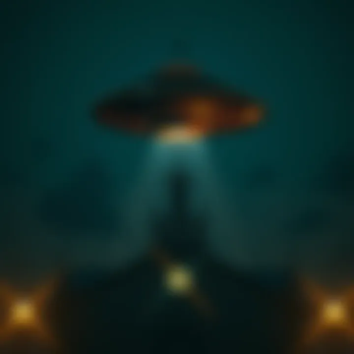 A UFO hovering above a church, symbolizing the connection between UFOs and religion