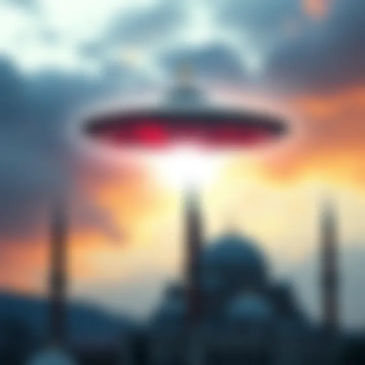 UFO Over Religious Symbols A UFO hovering over a church and mosque, representing the intersection of extraterrestrial life and major religions.