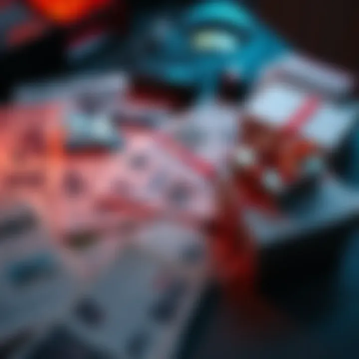 A collection of newspaper clippings and documents related to UFO sightings spread out on a table, with a birthday gift box nearby.