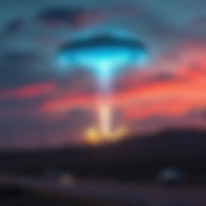 UFO near rocket launch A UFO seen in the sky above a rocket launch site, with military activity visible in the background.
