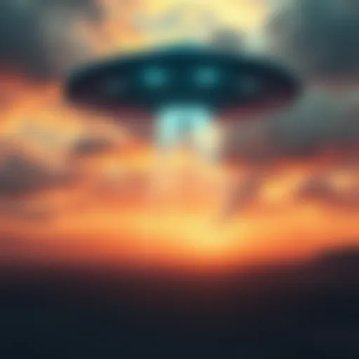 A UFO hovering above the Roswell landscape, with a dramatic sky and hints of an approaching event.