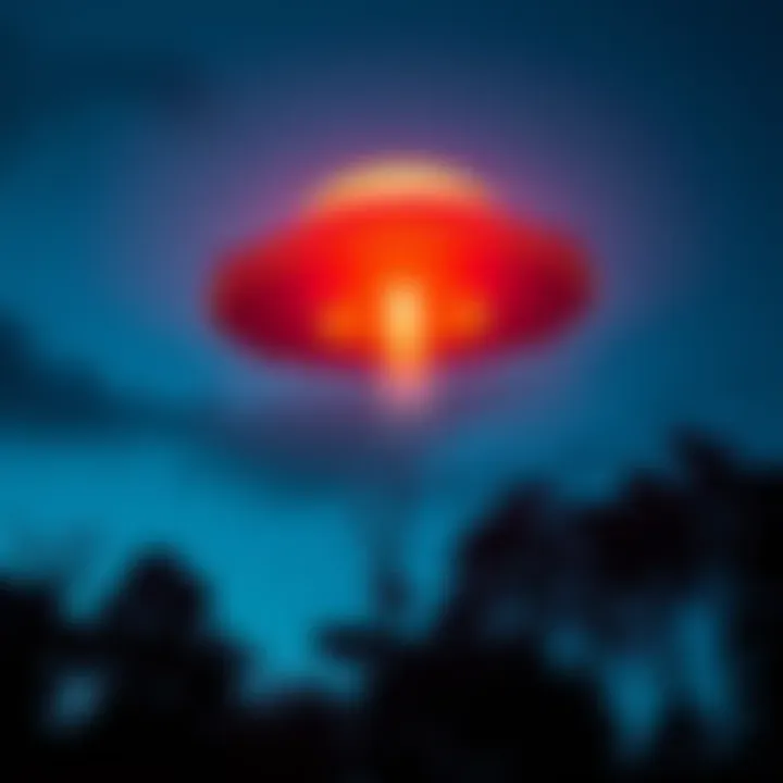 A bright unidentified flying object hovering in the sky above trees in Sam Houston National Forest, Texas.