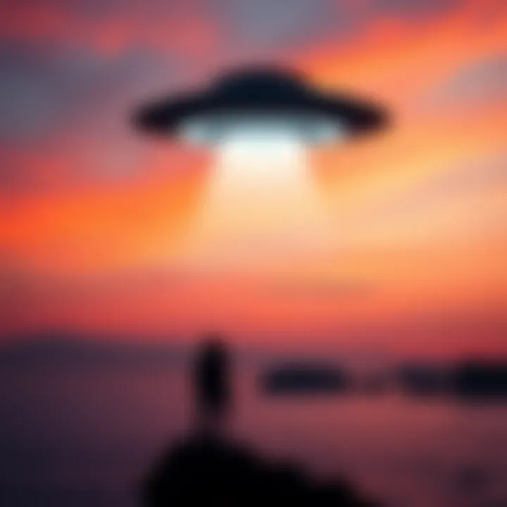 A UFO with two humanoid figures is seen hovering above the Sea of Marmara during twilight.