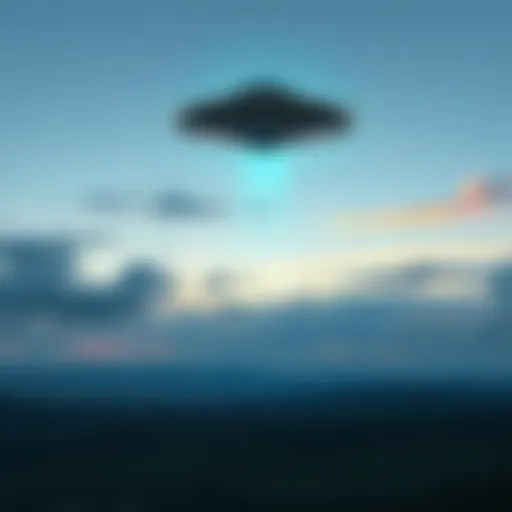 A spaceship hovering above a calm landscape, symbolizing the discussion of UFOs and their place in creation