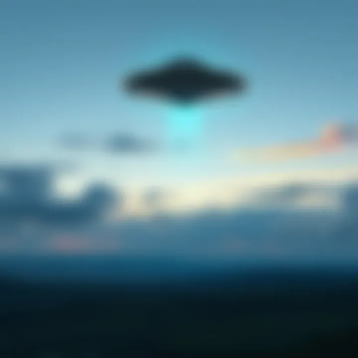 A spaceship hovering above a calm landscape, symbolizing the discussion of UFOs and their place in creation