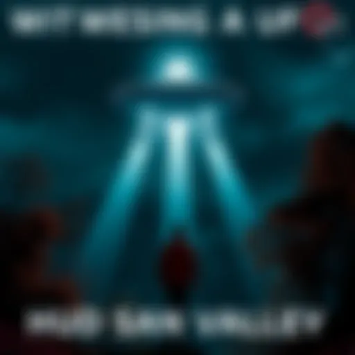 A V-shaped metallic craft hovering silently above trees in Hudson Valley, with a traveler watching in awe below.