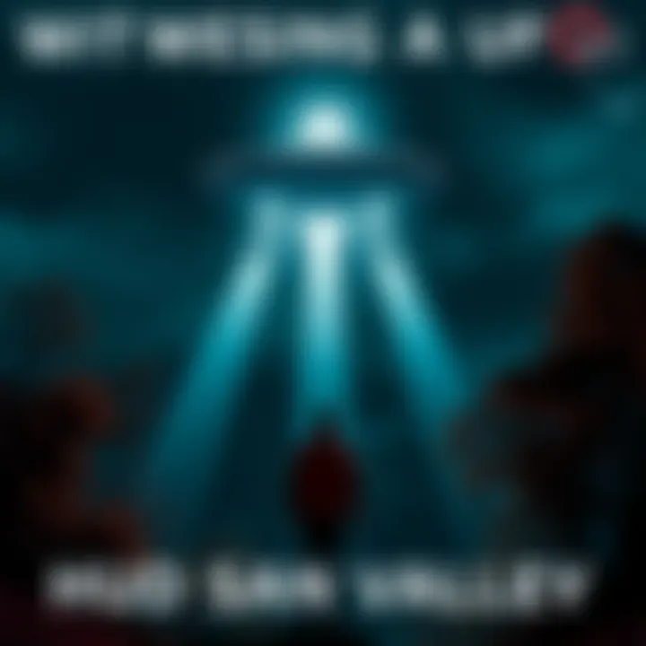 A V-shaped metallic craft hovering silently above trees in Hudson Valley, with a traveler watching in awe below.