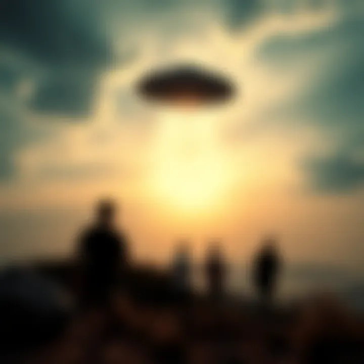 A UFO hovering in the morning sky above Oro-Oro Ombo, Batu, with onlookers observing.