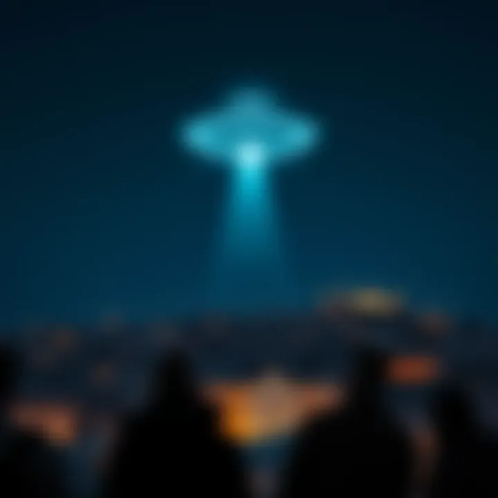 UFO Sighting in Lisbon A bright, unidentified flying object hovering in the night sky over Lisbon, Portugal, with people looking up in awe.
