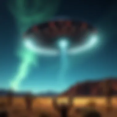 A depiction of a UFO hovering in the Nevada desert at night, with stars in the sky.