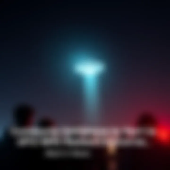 A glowing unidentified flying object in the night sky with people looking up in wonder