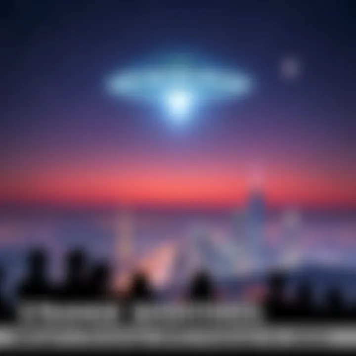 A bright unidentified flying object glowing in the night sky above a cityscape, with people looking up in awe.