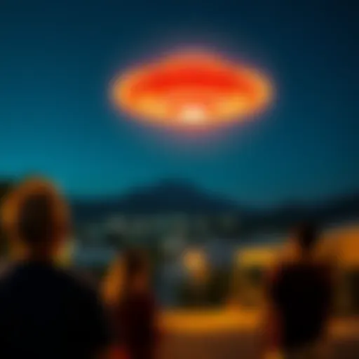 A glowing unidentified flying object visible in the night sky over Rancho Palos Verdes, CA, with residents looking up in curiosity.