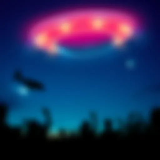 A bright unidentified flying object hovering in the night sky over Texas with silhouettes of excited people looking up.