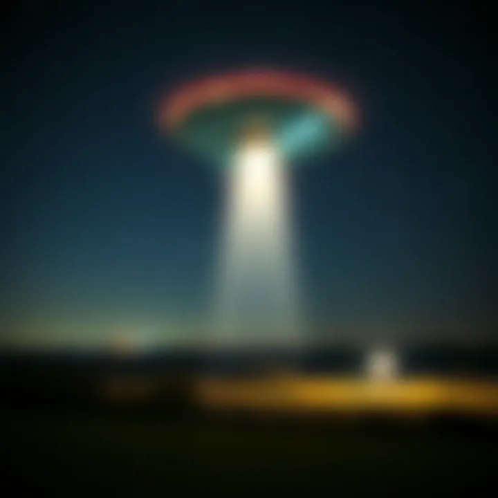 A night sky filled with bright mysterious lights above a rural landscape in the UK, perfect for spotting UFOs.