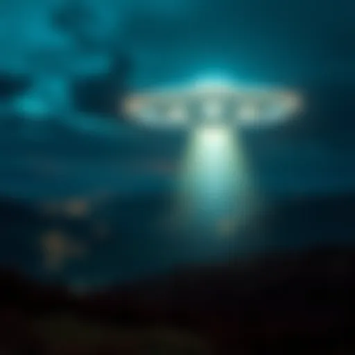 A bright UFO hovering over the Scottish countryside at night with glowing lights