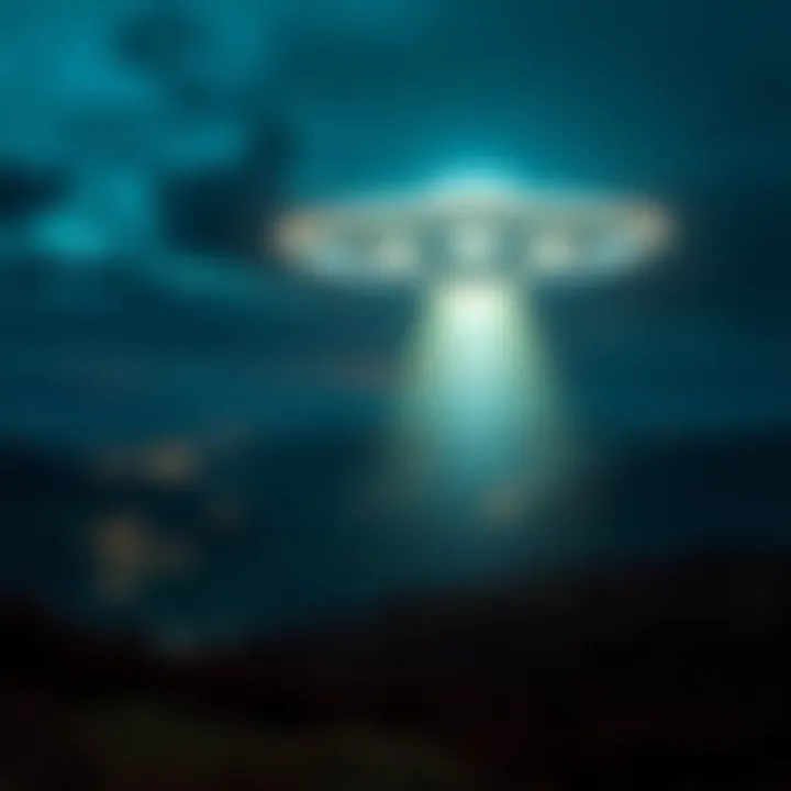 A bright UFO hovering over the Scottish countryside at night with glowing lights