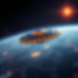 A futuristic UFO hovers above Earth, symbolizing a journey to another planet with a time twist.