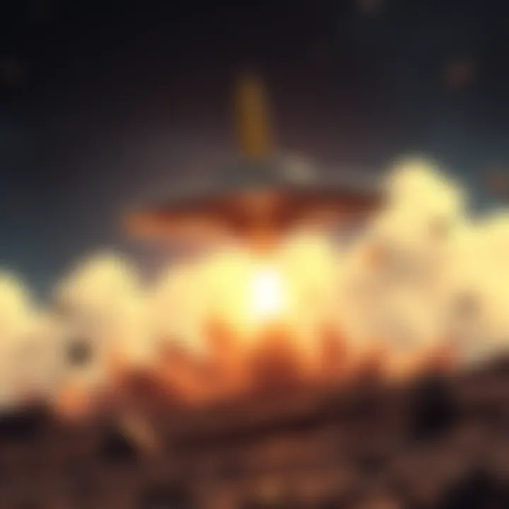 A UFO being hit by a HellFire missile with smoke and debris in the background.