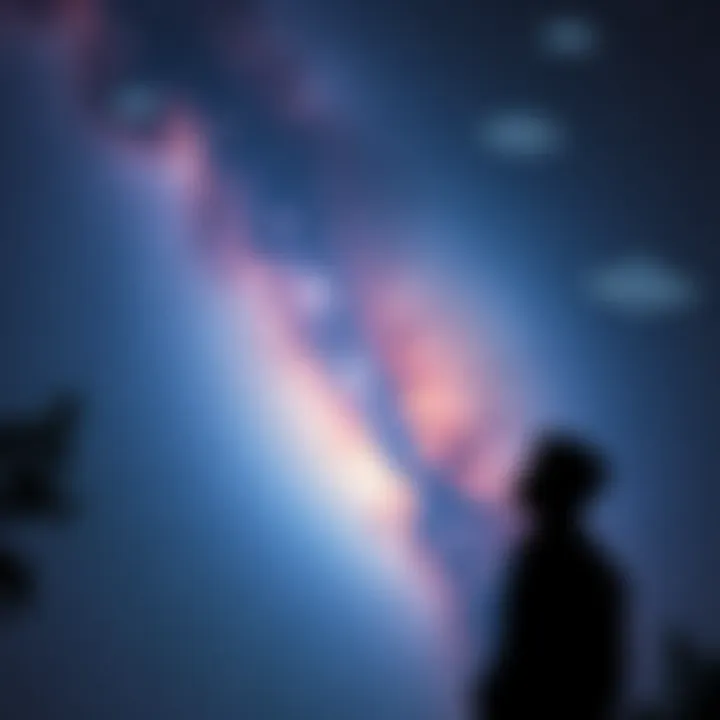 Enigmatic Night Sky: UFO Summoning An abstract representation of a starry sky with a silhouette of a person looking up, contemplating the mysteries of UFOs and extraterrestrial life.