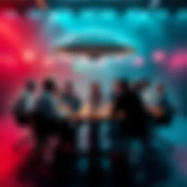 UFO and Technology Discussion A group of people gathered around a table discussing UFO reverse engineering and technological advances.