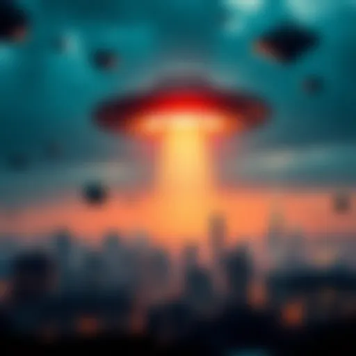 An unidentified flying object hovering above a city, symbolizing theories of UFOs as time travel devices.