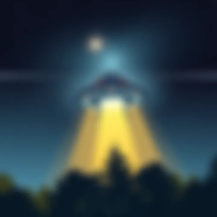 An illustration of a large triangle-shaped UFO hovering in the night sky above trees, with bright lights and a starry background.