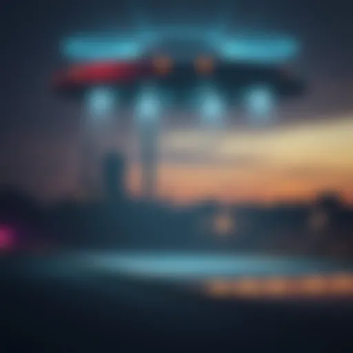 A UFO hovering in the sky above a nuclear facility in the UK, with bright lights and a dark background.