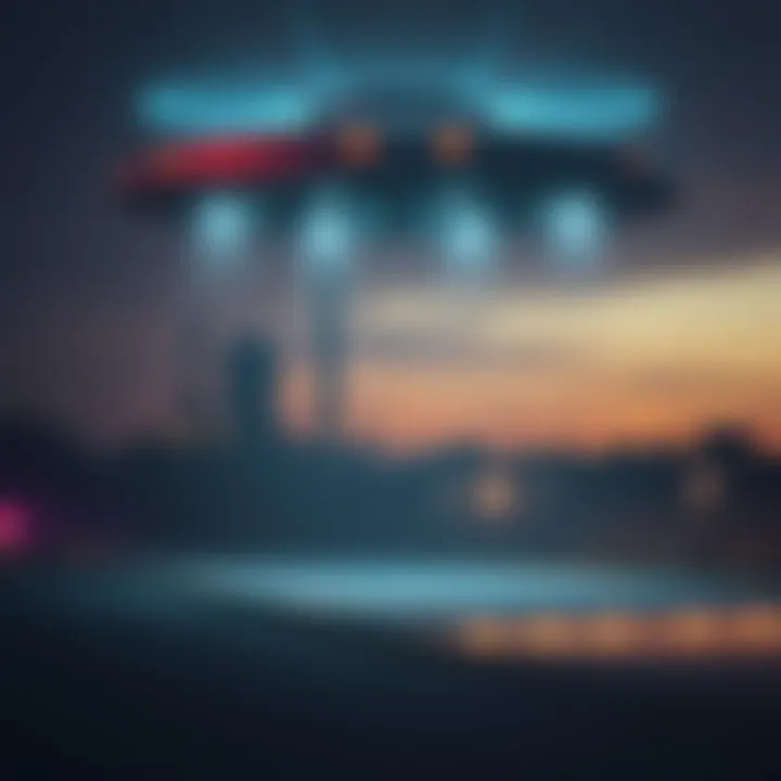 A UFO hovering in the sky above a nuclear facility in the UK, with bright lights and a dark background.