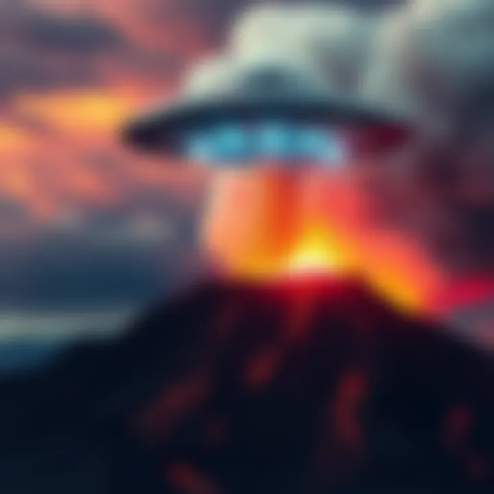 A metallic flying saucer hovering over an erupting volcano spewing smoke and lava