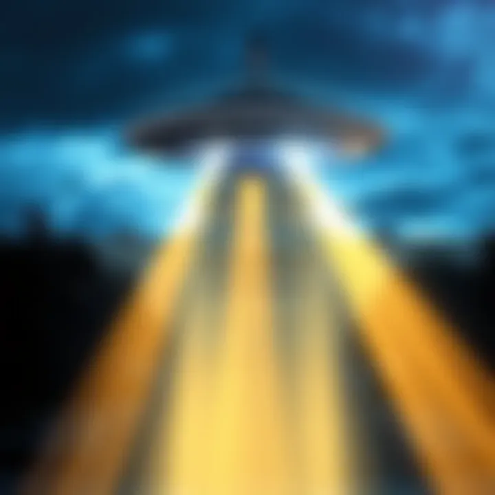UFO warning to US officials A UFO hovering over a government building, with beams of light shining down, symbolizing an urgent warning.