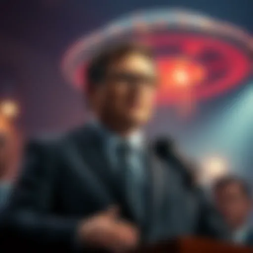 Jake Barber stands in front of a microphone, preparing to give testimony about UFOs and government secrets.