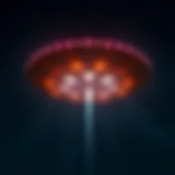 A bright, glowing UFO hovering in the dark night sky, with beams of light shining down, suggesting advanced technology.