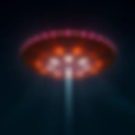 A bright, glowing UFO hovering in the dark night sky, with beams of light shining down, suggesting advanced technology.