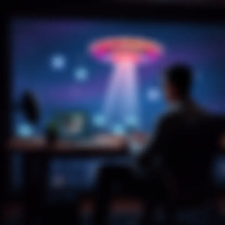 A person sitting at a desk with a laptop open, showcasing UFO videos and engaging with online forums.
