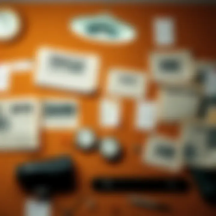 A corkboard display showcasing vintage newspaper clippings about UFOs from the 1950s to 1960s, arranged with pins and notes.