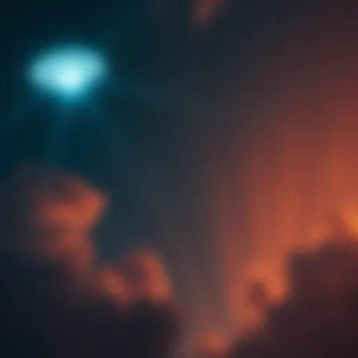 A dark sky illuminated by a bright unidentified flying object with beams of light shining down, surrounded by clouds.