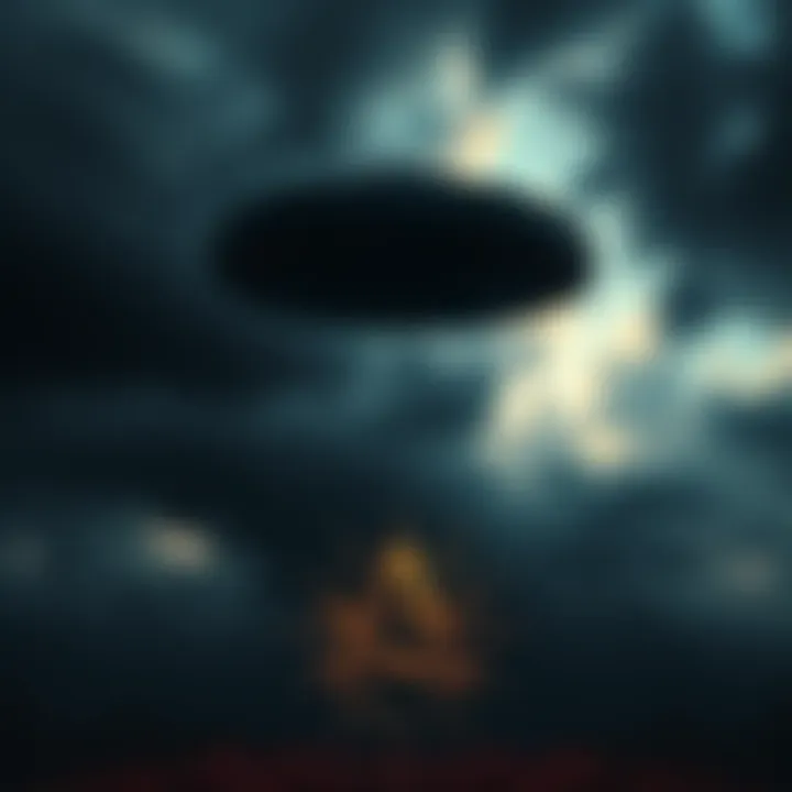 A dark sky with a UFO and Illuminati symbols in the foreground, representing connections between aliens and secret societies.