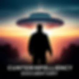 A scene from a short documentary showcasing discussions about UFOs and counterintelligence efforts, featuring a silhouette of a man in black with a UFO in the background.