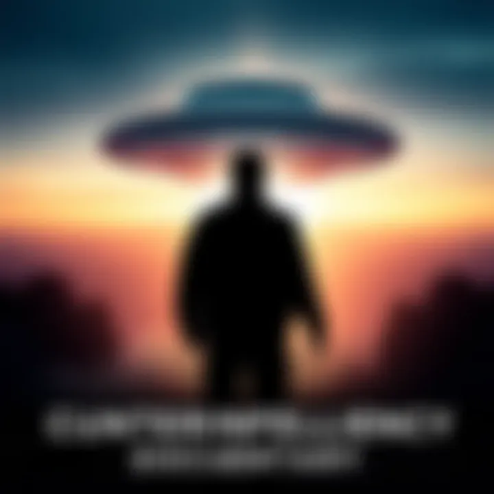 A scene from a short documentary showcasing discussions about UFOs and counterintelligence efforts, featuring a silhouette of a man in black with a UFO in the background.