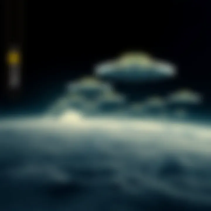 More than 20 giant UFOs speeding across the surface of the moon under a starry sky.