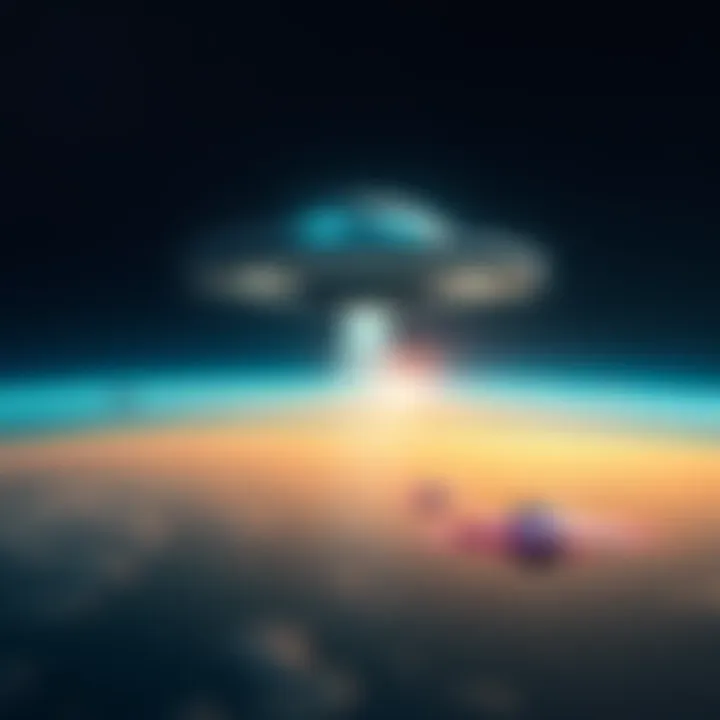 A depiction of UFOs hovering in the Earth's atmosphere, showcasing both a large mothership and smaller scout crafts against a starry sky.