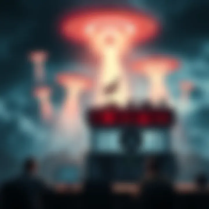 A dramatic scene showing UFOs over a missile launch control facility, highlighting panic among military personnel.